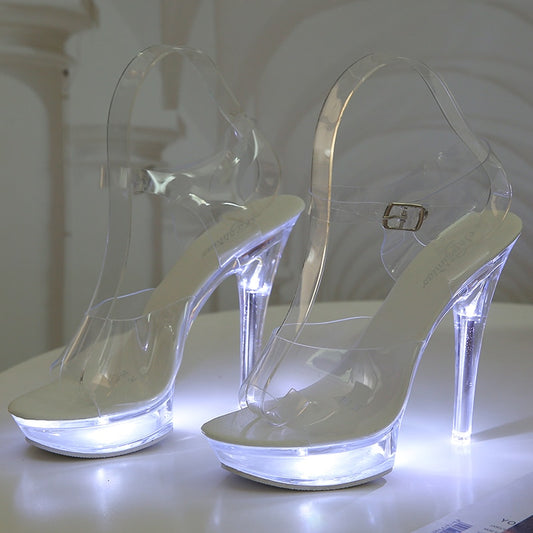Light Up Glowing Luminous Clear Women Platform LED 13cm High Heel Transparent Heels Shoes