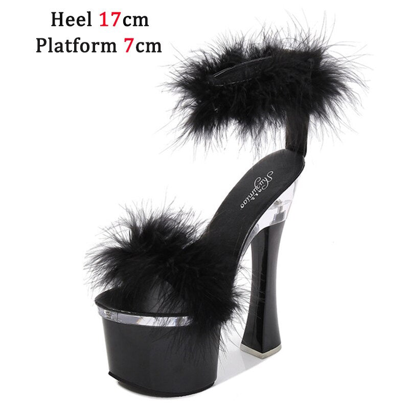 4 Color Feather Thick High Heels