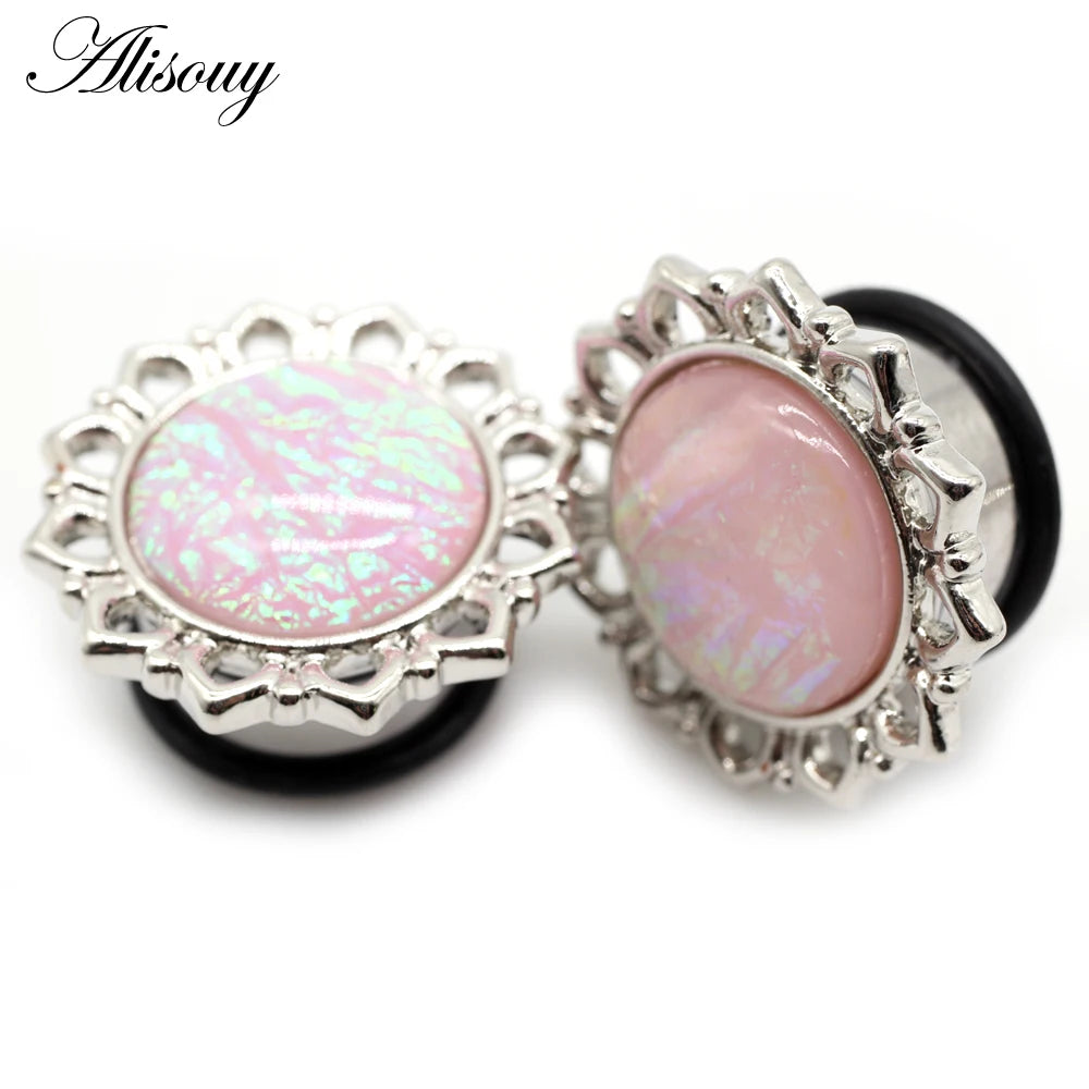 2pcs New Flower Pink Opal Pendant Stainless Steel Ear Plugs
