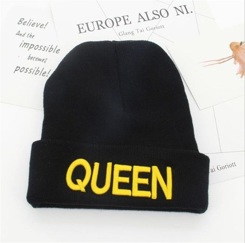 Beanies KING QUEEN Letter Embroidery Warm Hat Knitted Cap