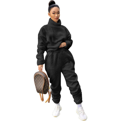 Solid Plush Thick Hoodies Two Piece Set