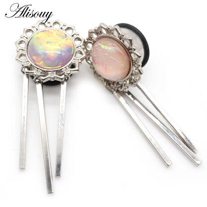 2pcs New Flower Pink Opal Pendant Stainless Steel Ear Plugs
