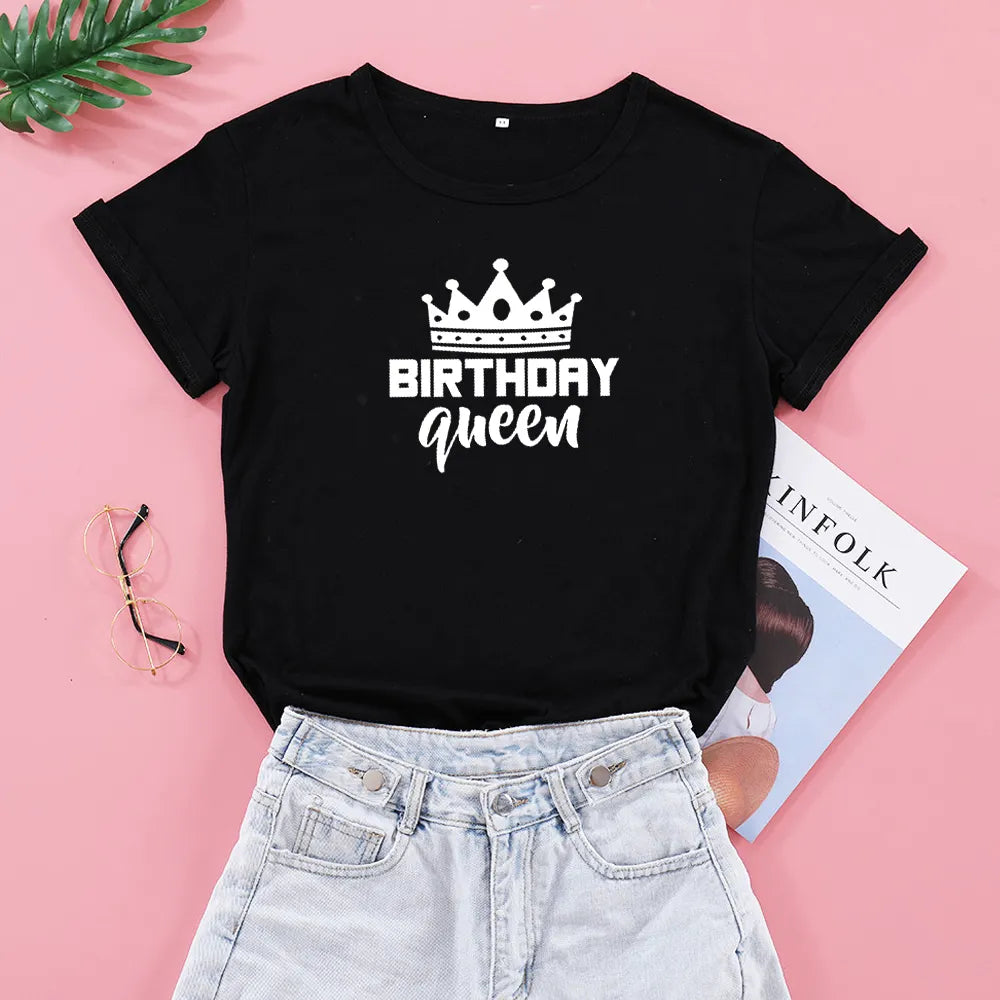 Birthday Queen Letter Print Women Short Sleeve T Shirt