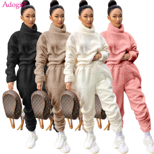Solid Plush Thick Hoodies Two Piece Set