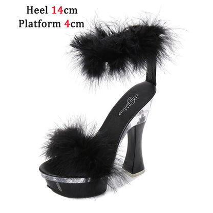 4 Color Feather Thick High Heels