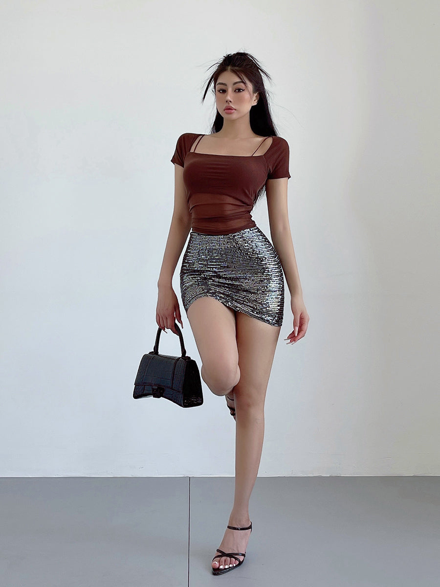 Sexy Sequined High Waist Slim Looking Anti-Exposure Skirt