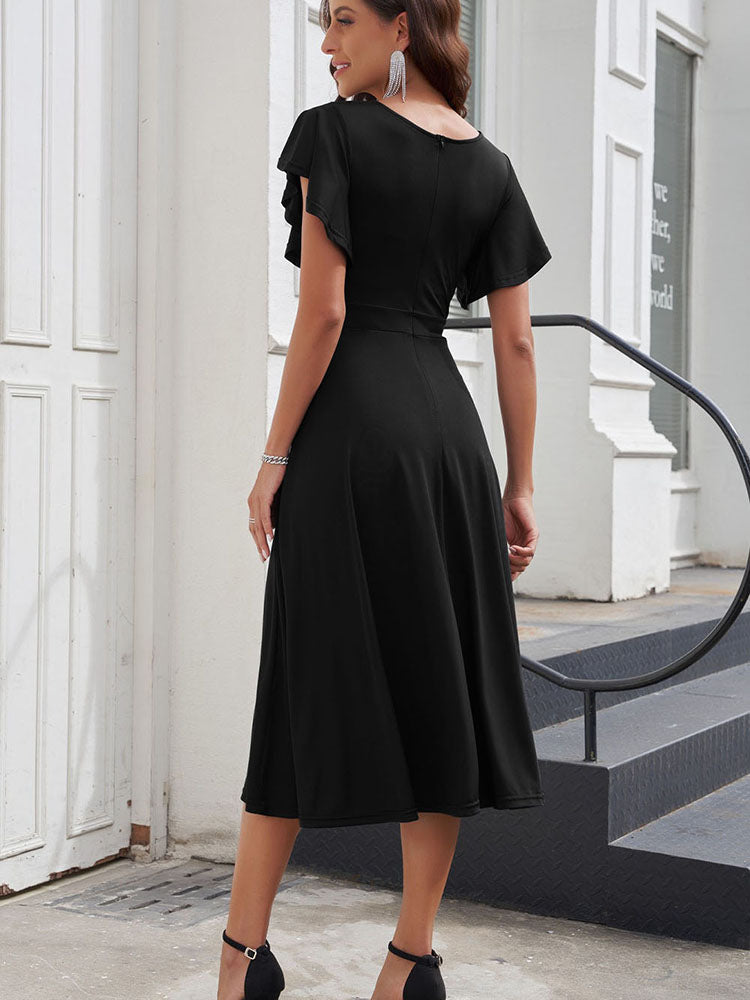 Ruffled Short Sleeves V-neck Midi Skirt