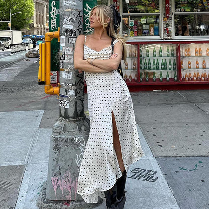 French Hipster Style Stylish Polka Dot Print Slip Sleeveless Open Back Split Sexy Dress