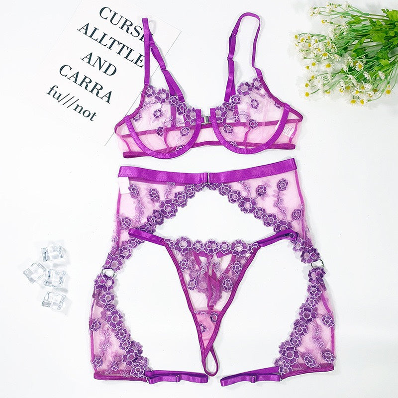 Lavender Elegant Push-up See-through Lace Three-Piece Set