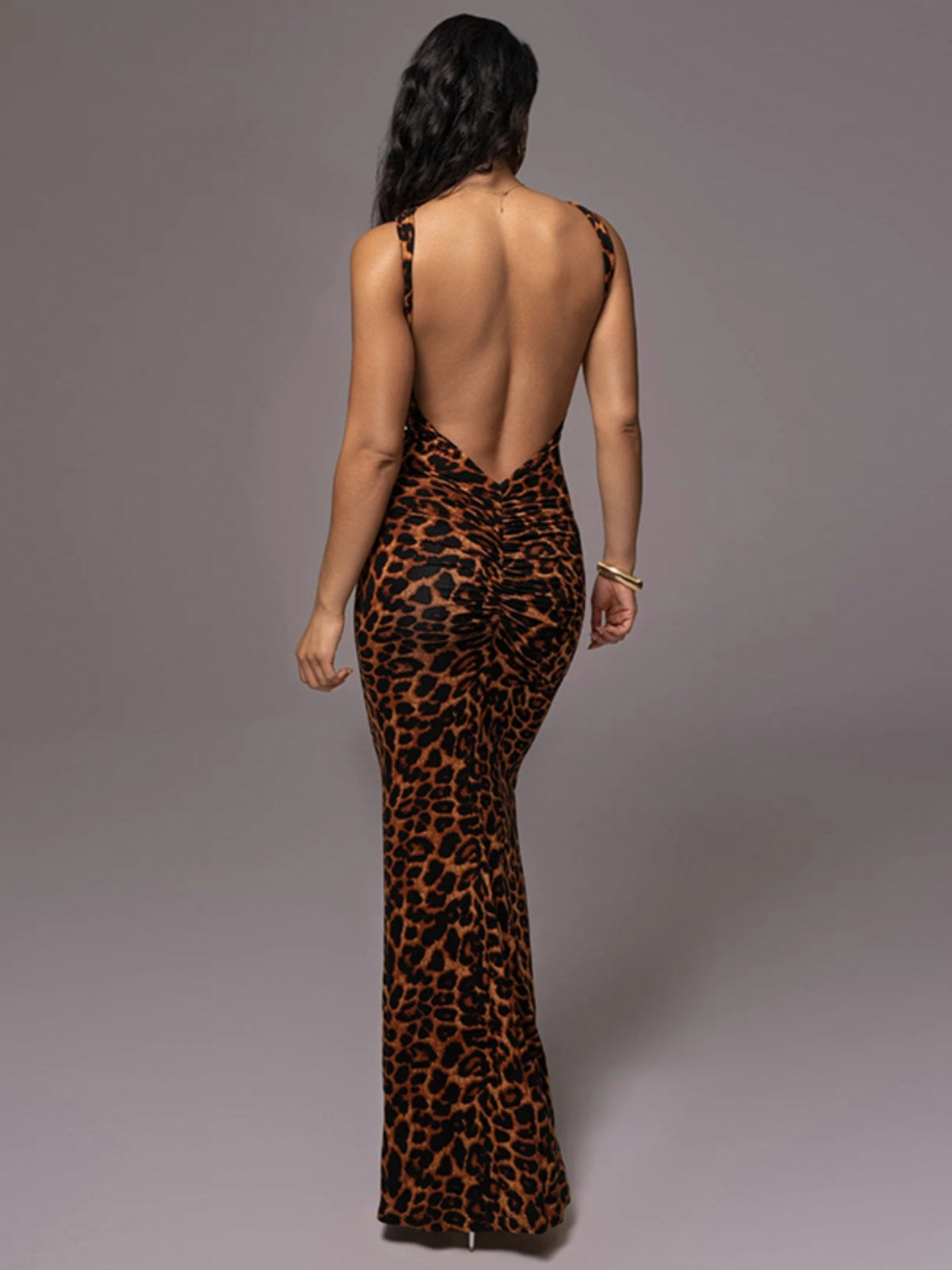 Leopard Print round Neck One-Step Sleeveless Bare Back Slimming Long Dress