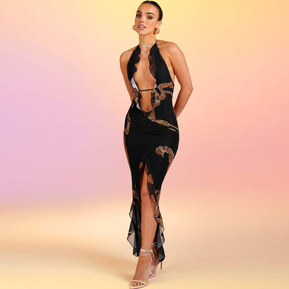 Sexy Chest Hollow-out Halter Lace-up  Long Dress