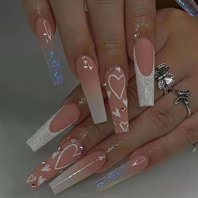 24Pcs Full Cover False Nails with Glue Extra Long Ballerina Coffin