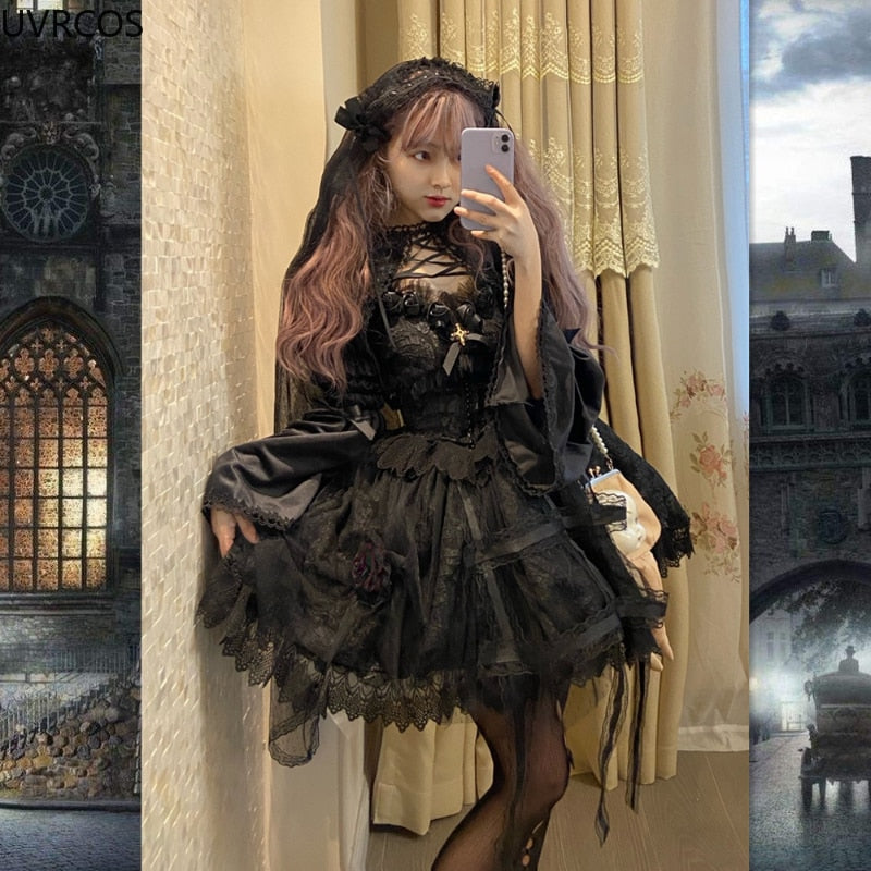Victorian Gothic Dress Vintage Girl Sweet Lace Rose Elegant Dresses Women Dark Slip Dress