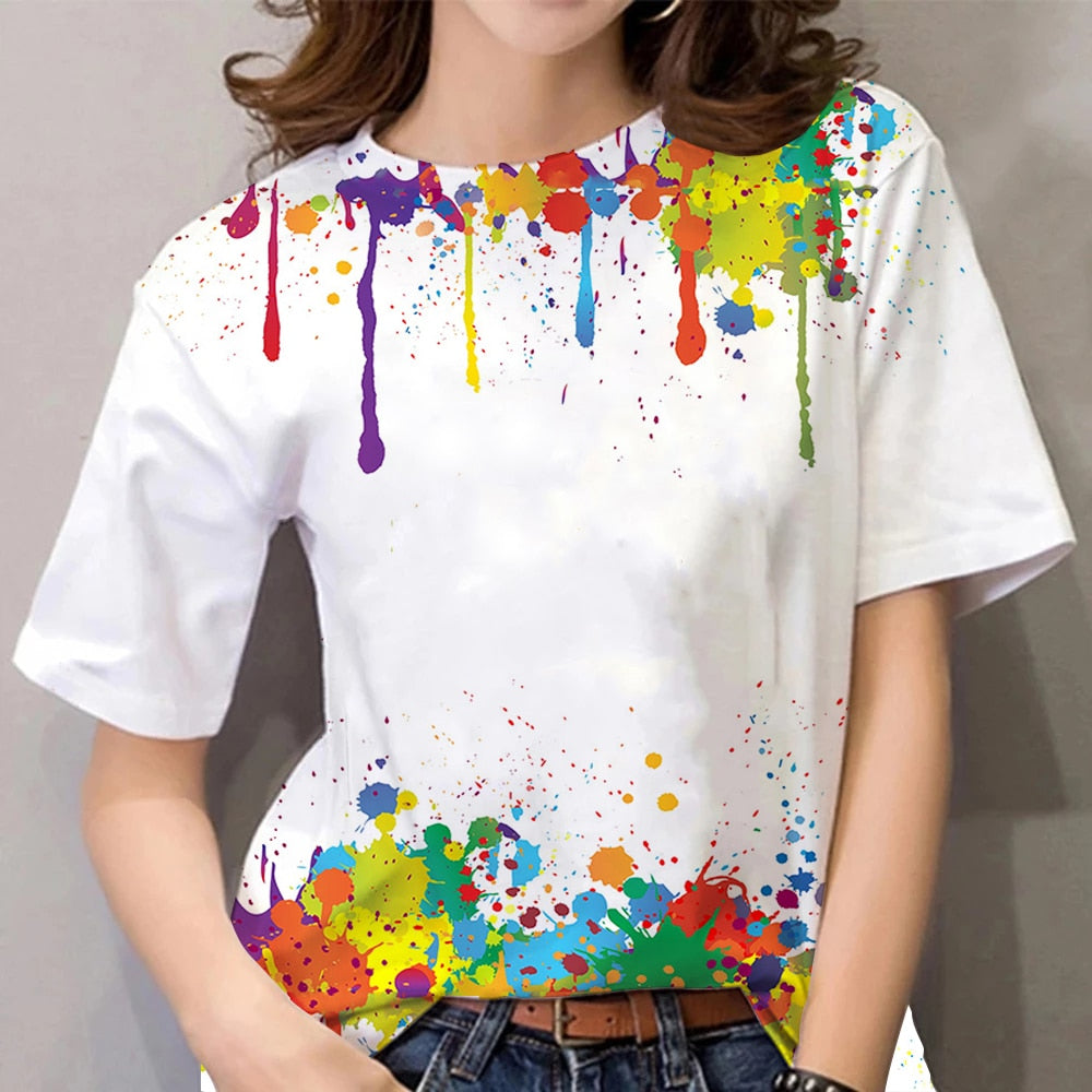 Colorful Graffiti Print Women's Loose Short Sleeve Tee