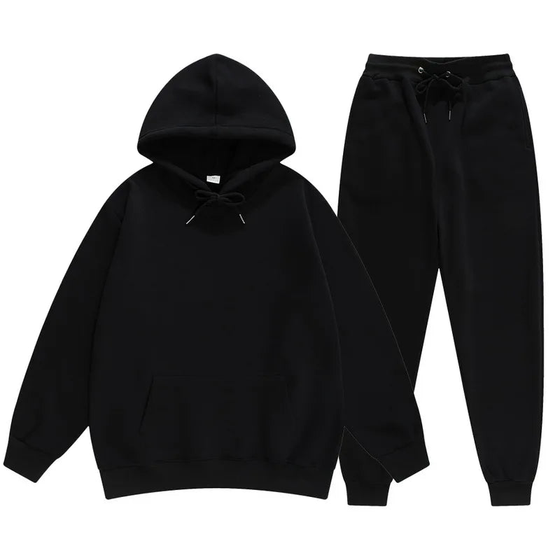 Solid Color Long Sleeves Two Pieces Set Sweatshirt Sportswear Hoodie  + Pants Suit