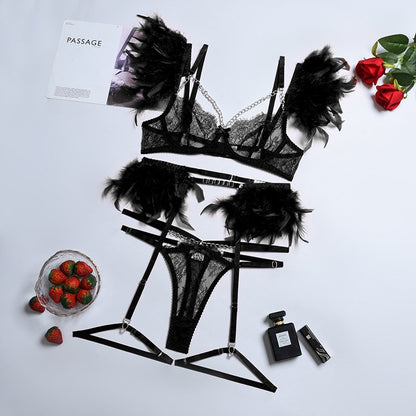 Feather Lingerie Women Body Transparent Bra Lace Exotic 3-Piece Set