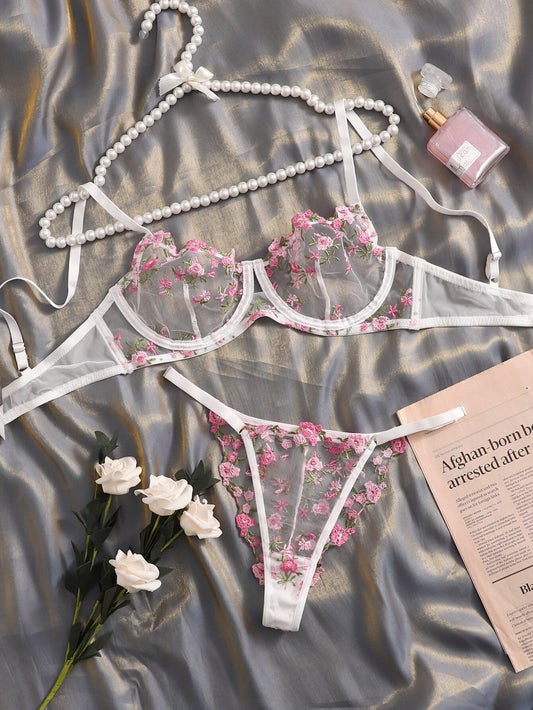 Sexy Floral Fancy Underwear Transparent Bra Set 2 Piece