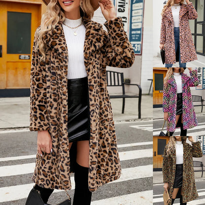 Casual Square Collar Leopard pattern Fur Coat Plush Long Coat