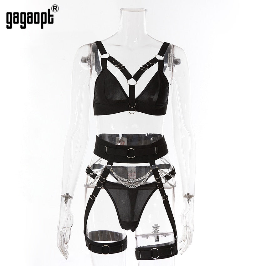Seamless Bra 3-Piece Underwear Intimate Chain Garter Belt Set