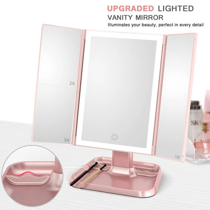 Portable Pink 72 LED Vanity Mirror with 1X, 2X, 3X Magnification, Touch Control Power Supply