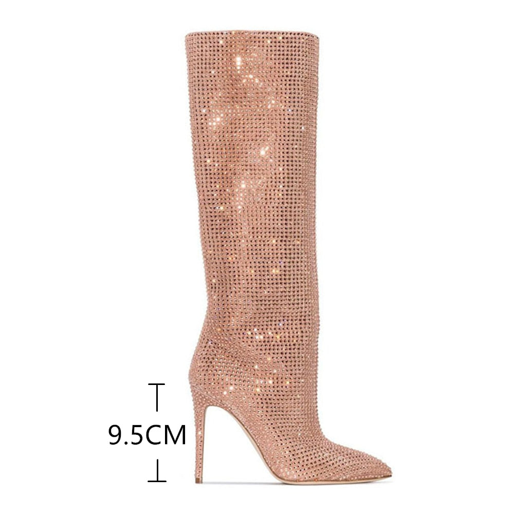 Fashion Rhinestone Women's High Boots Pointed Toe Slip-on Long Boots Shoes Woman Boots High Heels Sexy Stiletto Ladies Party Shoe