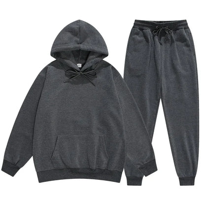 Solid Color Long Sleeves Two Pieces Set Sweatshirt Sportswear Hoodie  + Pants Suit