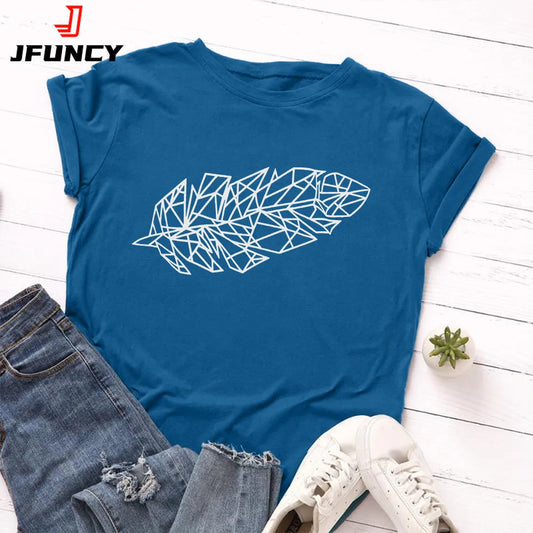 Women New Feather Print T-shirts