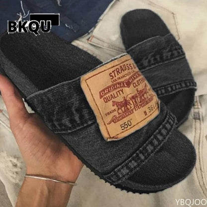 Comfortable and Versatile Personality Large Size Denim Flat Slippers