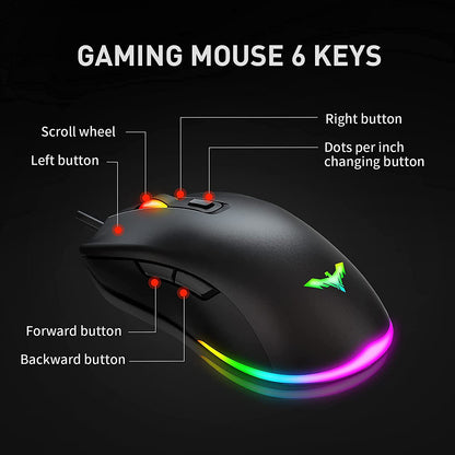 Wired Gaming Keyboard Mouse Kit RGB Backlight 104 Keys with Wrist Rest