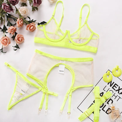 Neon Sensual Sexy Female Lingerie Transparent Bra Panty Set 3-Pieces See Through Seamless Exotic Sets Fancy Underwear