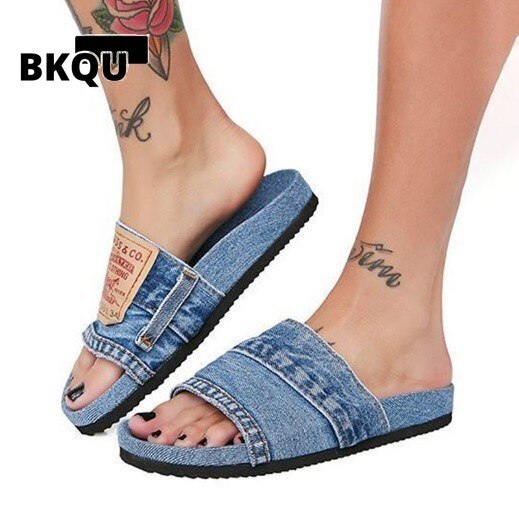 Comfortable and Versatile Personality Large Size Denim Flat Slippers