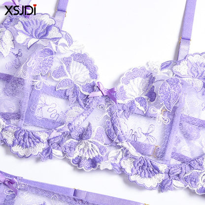 Sexy Floral Lingerie Set Lace Transparent Bra Set Push-up Bra Thong Belt 3PCS