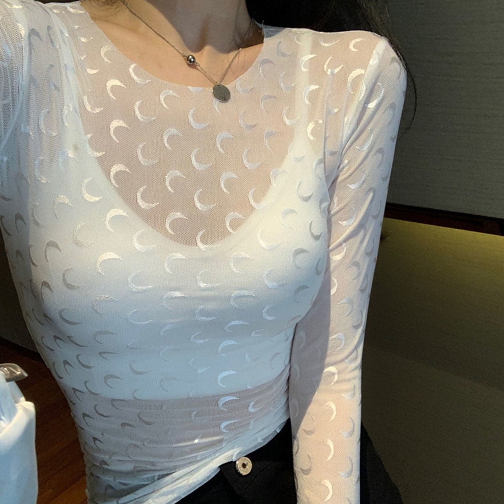Moon Flocking Mesh T-Shirt: Transparent Women's See-Through Pullover Top