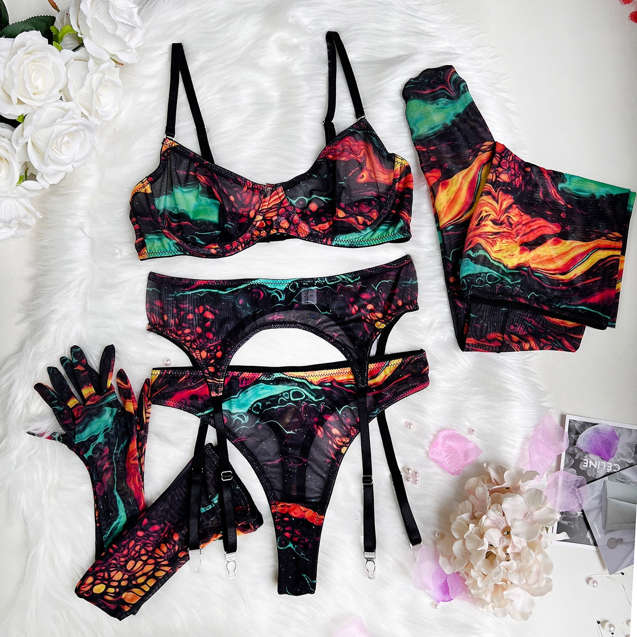 Tie Dye Lingerie With Stocking Sleeve Sexy Fancy Underwear 5-Piece Uncensored Intimate See Through Mesh Sensual Outfits