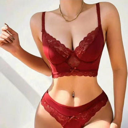Sexy Embroidered Lingerie Set Lace Bow Adjustable Shoulder Straps Push-up Bra