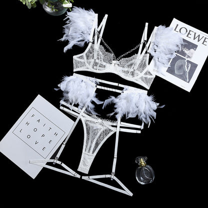 Feather Lingerie Women Body Transparent Bra Lace Exotic 3-Piece Set