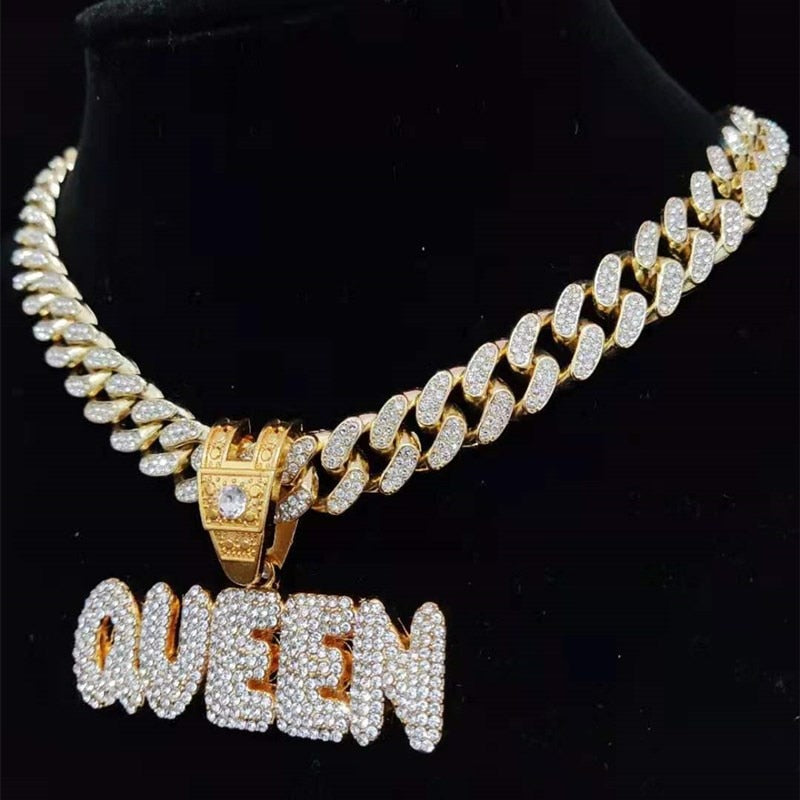 Iced Out "Queen" Pendants with Chains