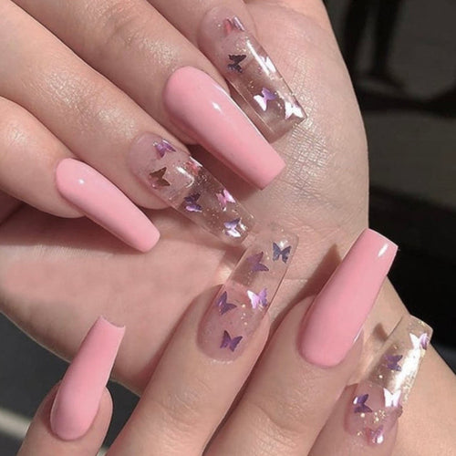 Lilac Gradient Butterfly Pattern False Nails