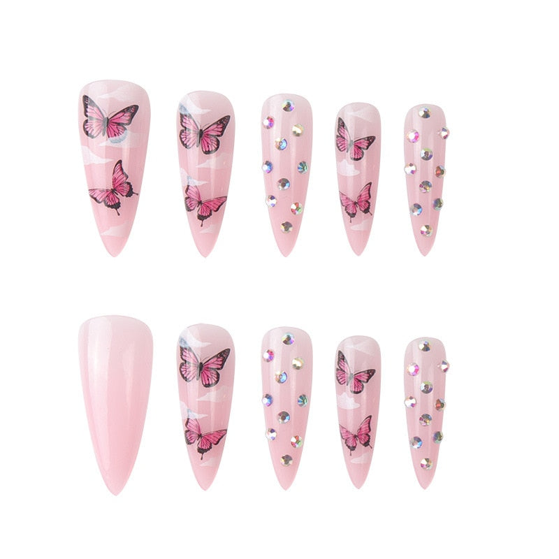 24Pcs Pink Butterfly Cloud Long Almond False Nails With Glue