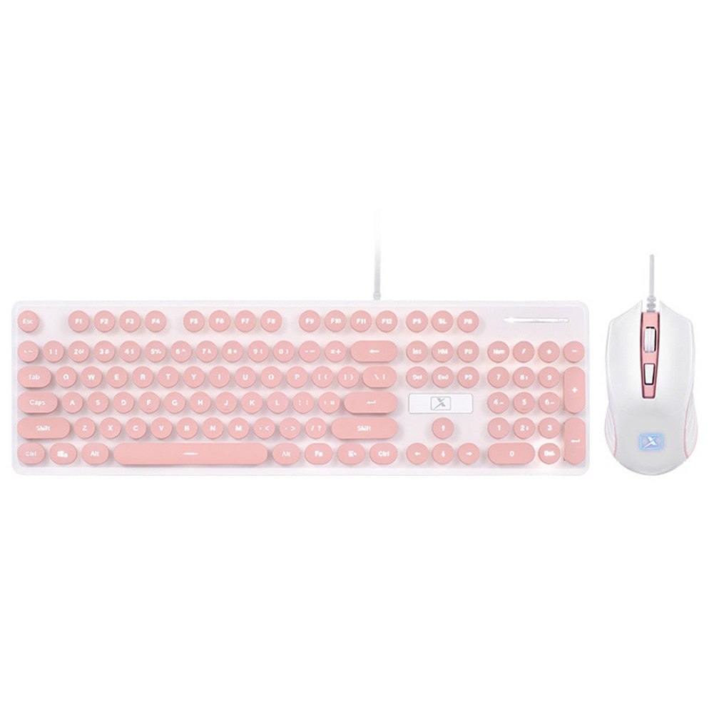 Retro Pink Keyboard Mouse Kit with Round Key Cap Multimedia Button