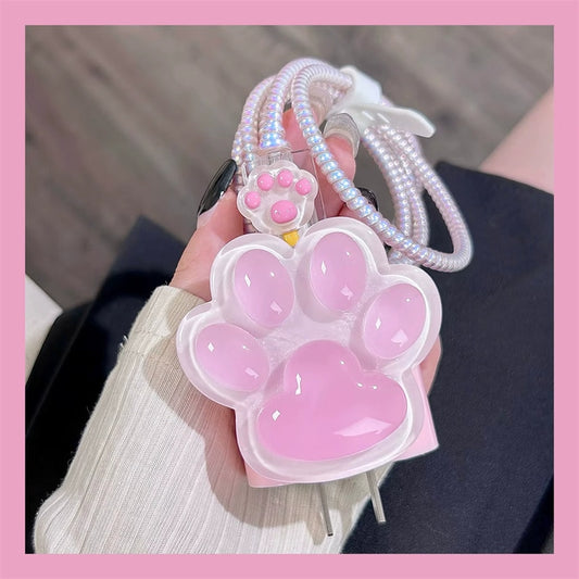 Pink Cute Big Cat Paw Transparent Silicone Charger Case