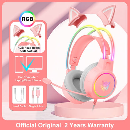 Pink Cat Ear Gaming Headset with RGB LED Light and Flexible Mic