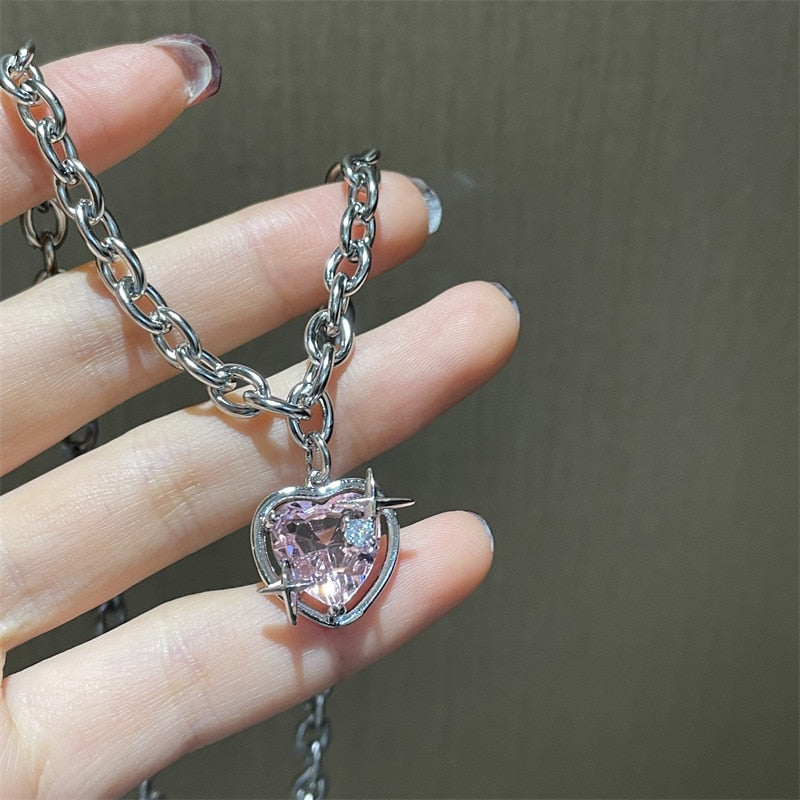 Peach Heart Water Drop Pendant Necklace - Pink Crystal Egirl Aesthetic Jewelry