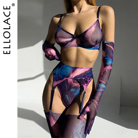 Tie Dye Lingerie With Stocking Sleeve Sexy Fancy Underwear 5-Piece Uncensored Intimate See Through Mesh Sensual Outfits