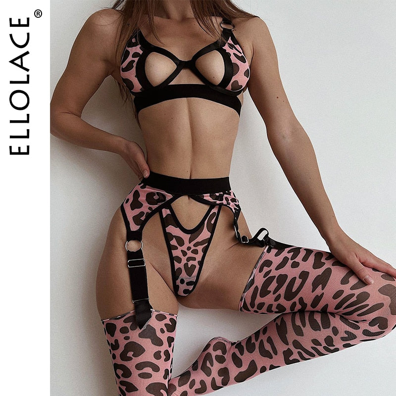 Leopard Lingerie With Stocking Cut Out Bra  Brief Sets 4-Piece See Through Lace Underwear
