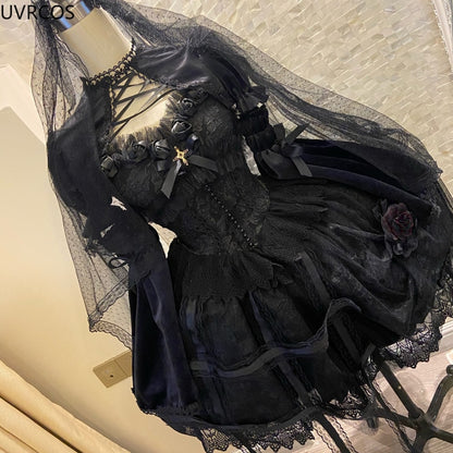 Victorian Gothic Dress Vintage Girl Sweet Lace Rose Elegant Dresses Women Dark Slip Dress