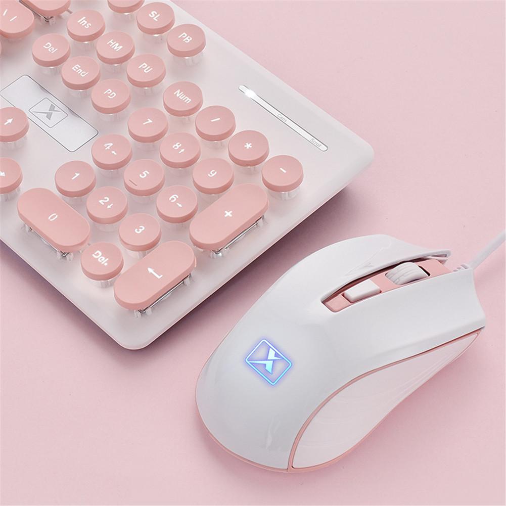 Retro Pink Keyboard Mouse Kit with Round Key Cap Multimedia Button