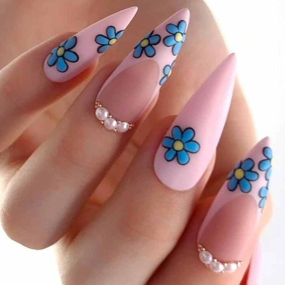 24Pcs Pink Butterfly Cloud Long Almond False Nails With Glue