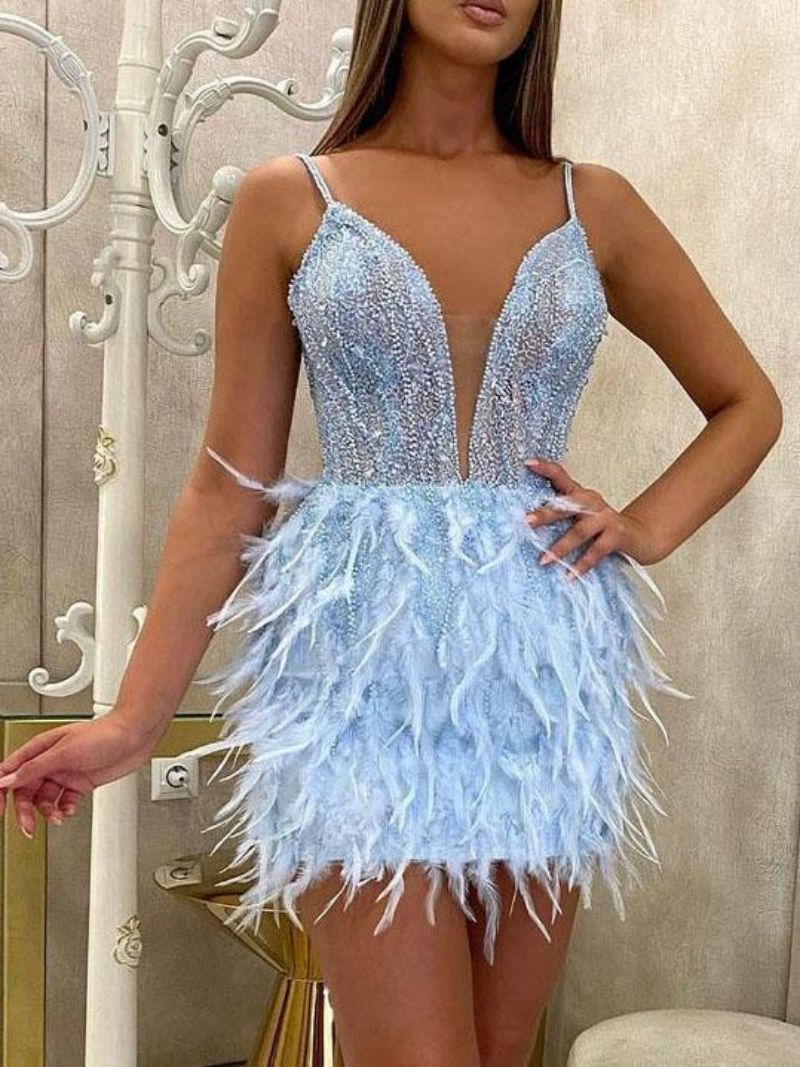 Elegant Blue Short Feather Dress