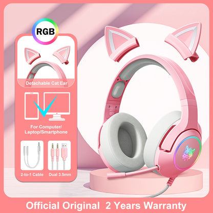 Pink Cat Ear Gaming Headset with RGB LED Light and Flexible Mic